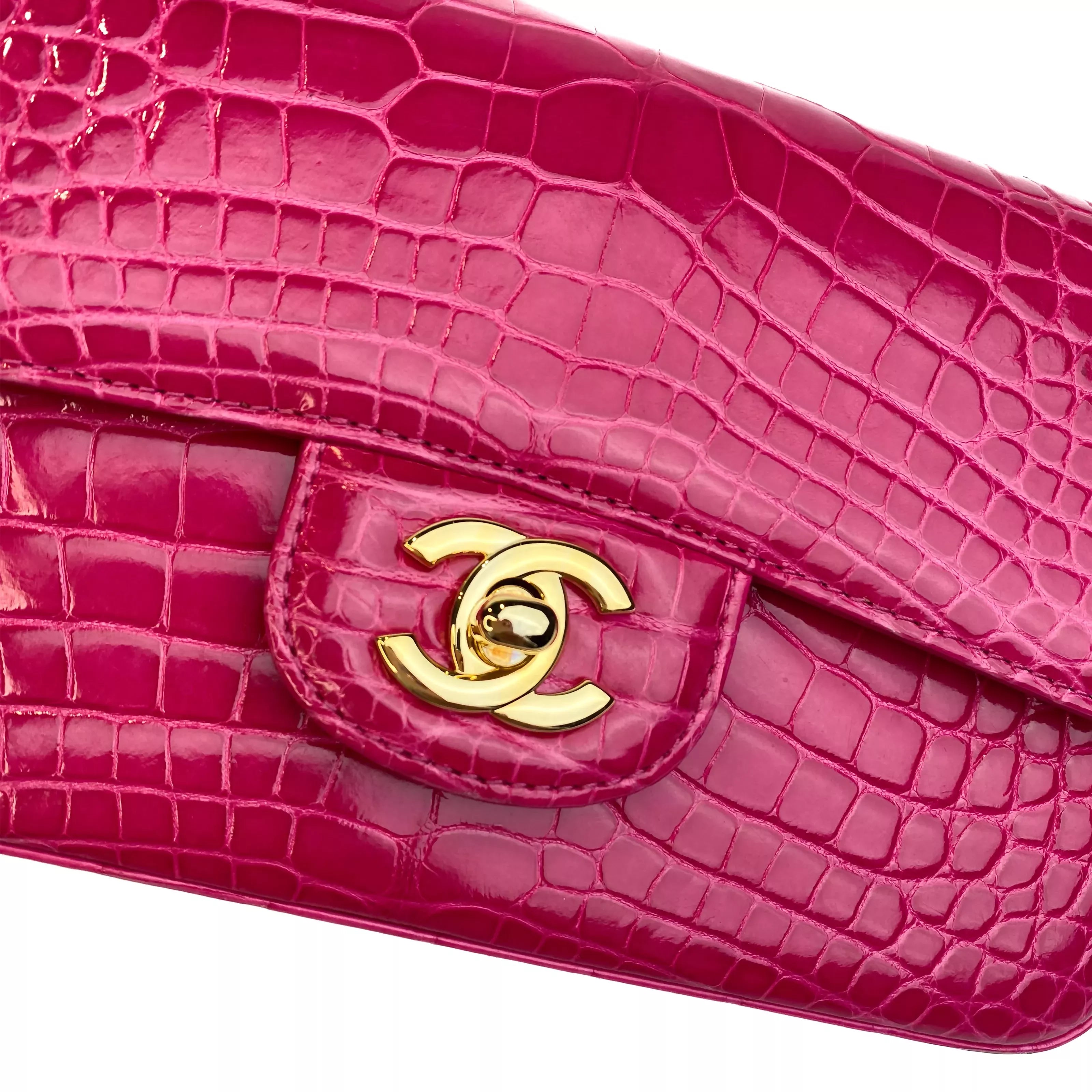 Chanel Classic Mini Flap Bag Shiny Alligator in Fuchsia Rose with Gold Hardware Detail