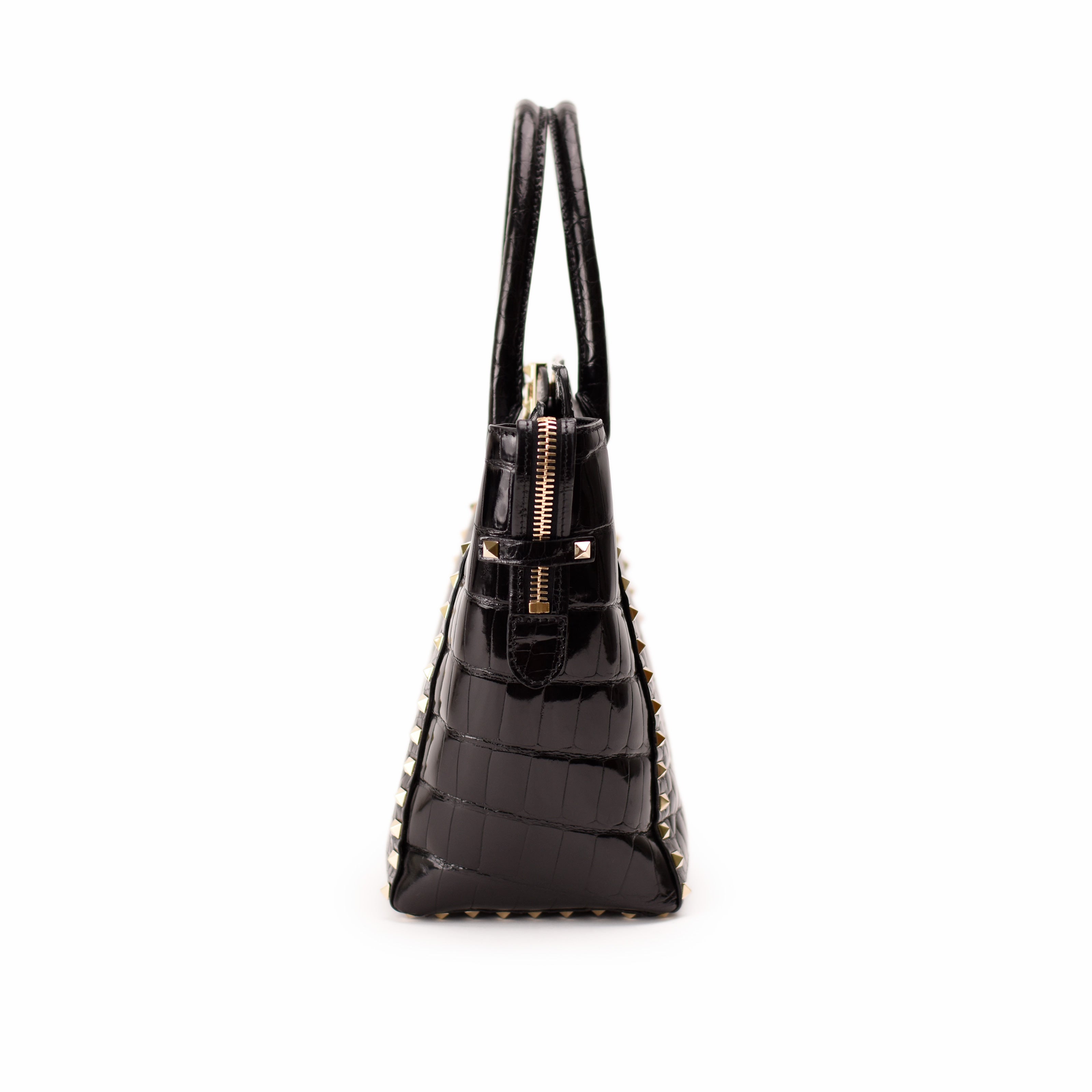 Valentino Garavani Rockstud Black Shiny Crocodile Double Handle Tote Bag