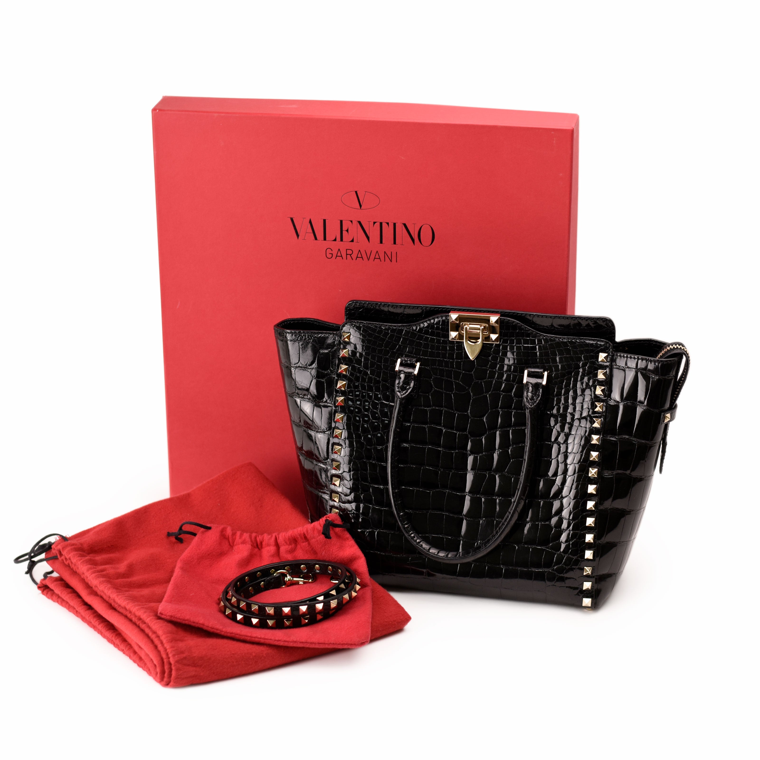 Valentino Garavani Rockstud Black Shiny Crocodile Double Handle Tote Bag