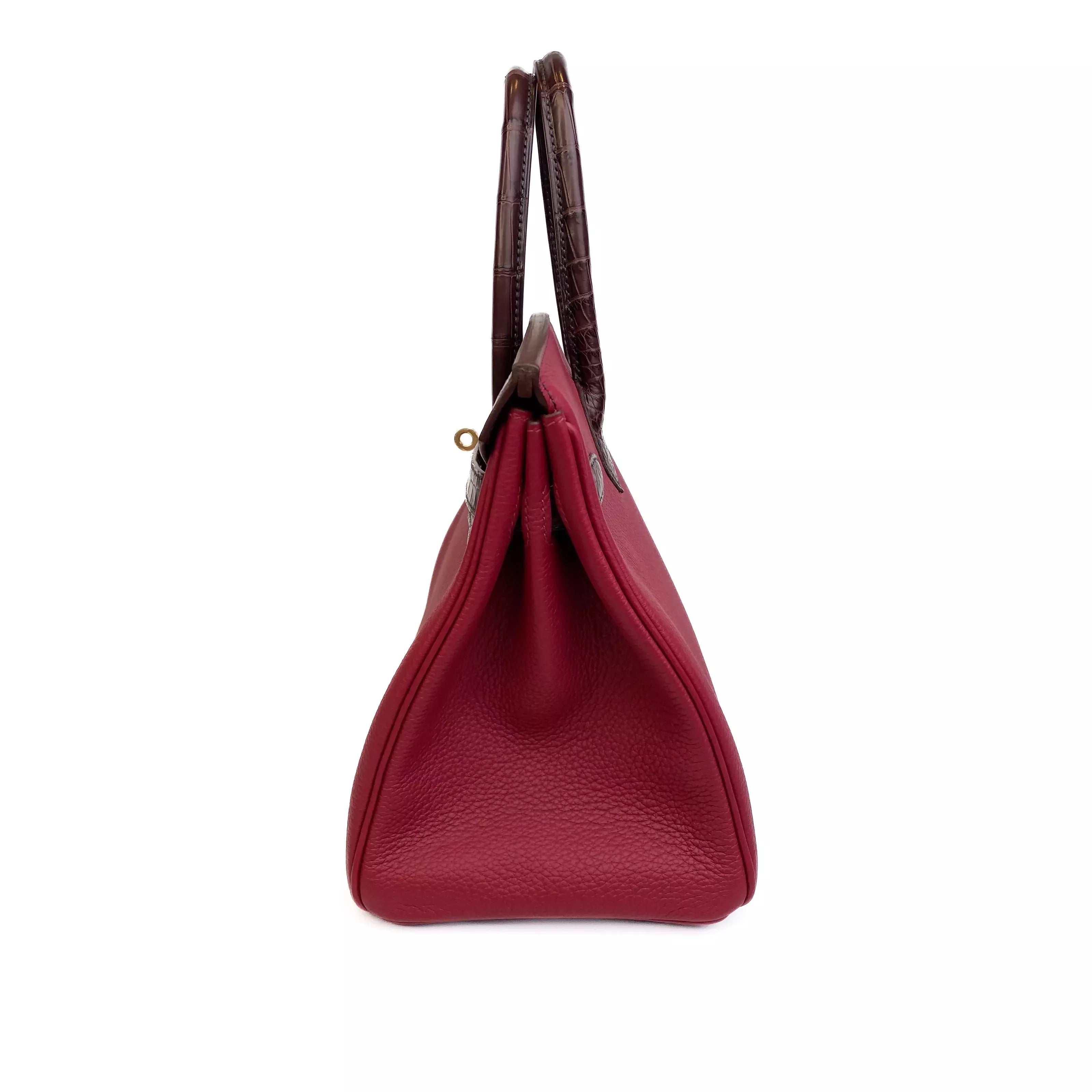 Hermès Birkin 30 Touch Rouge Sellier Matte Alligator and Rouge Grenat Togo Gold Hardware Left Side