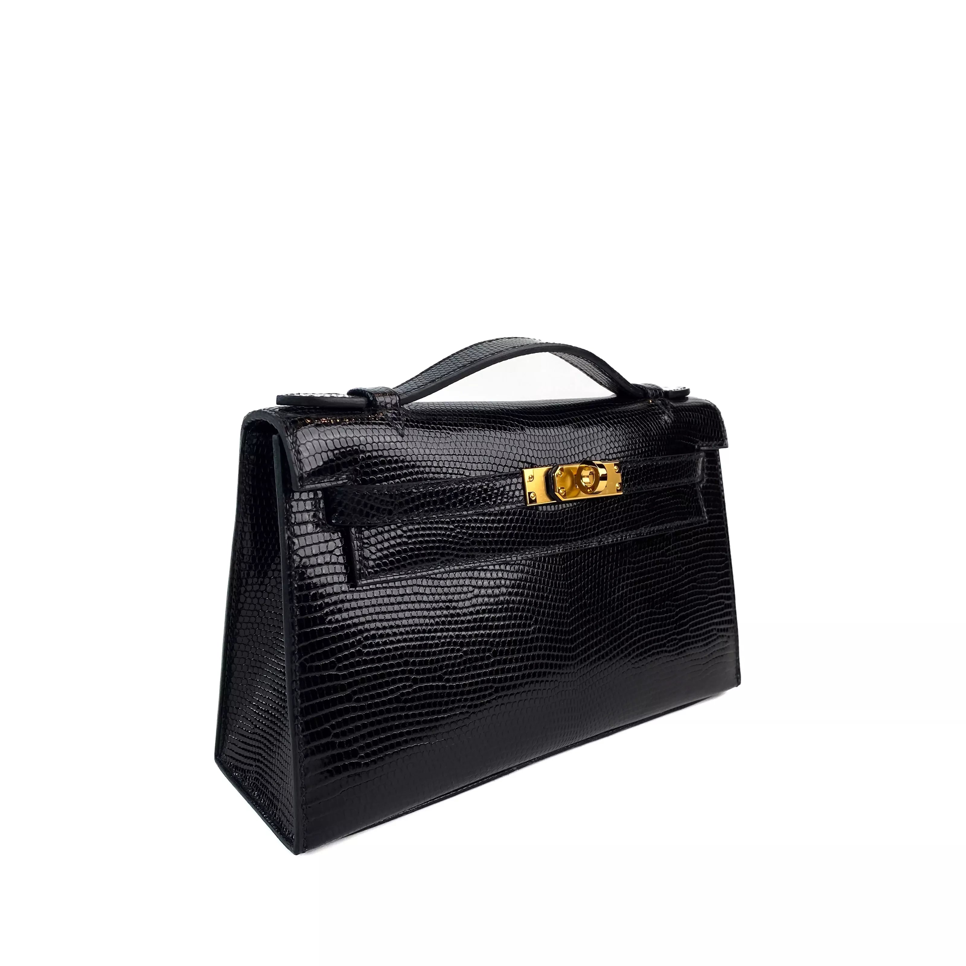 Hermes Mini Kelly Pochette In Black Shiny Lizard Gold Hardware  Side