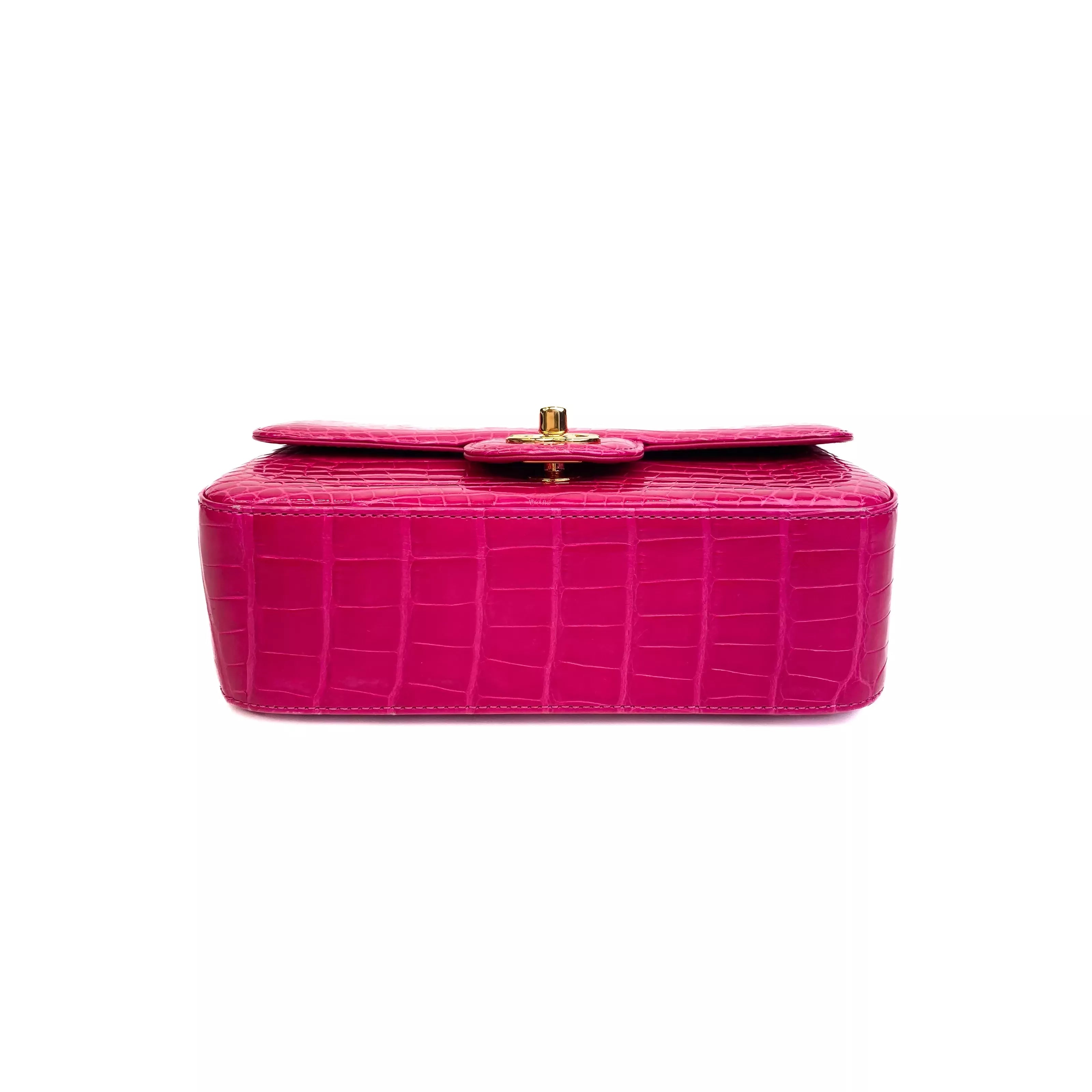 Chanel Classic Mini Flap Bag Shiny Alligator in Fuchsia Rose with Gold Hardware Bottom