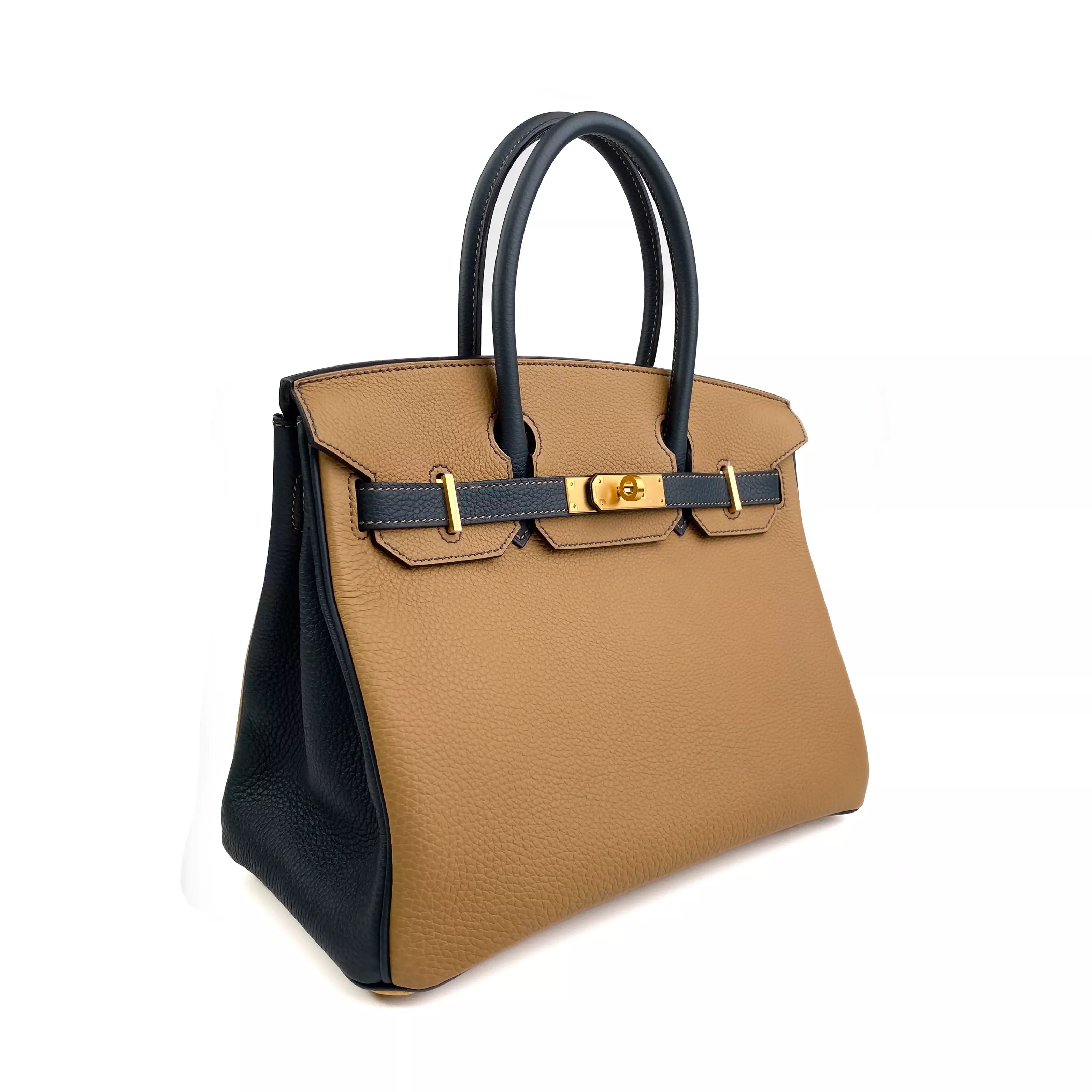 Hermes Birkin 25 Clemence Leather Bicolour Biscuit & Blue nuit GHW Side